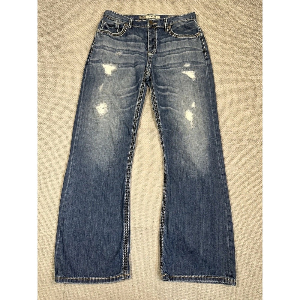 Bke Jeans Mens 32x31 Blue Tyler Straight Leg Thick Stitching Distressed